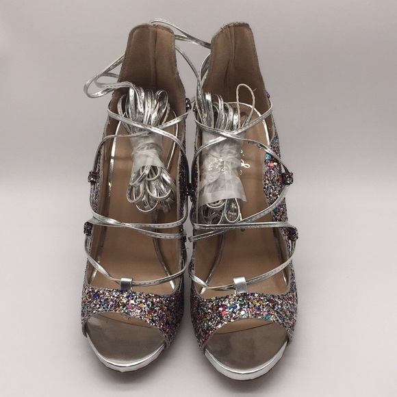 Qupid Woman’s Silver Multi Glitter Open Toe High Heels Size 7 - Picture 12 of 13